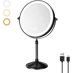 Rechargeable Makeup Mirror with Lights and Magnification 10X, 3 Color LED Lights, Cordless Lighted  Desk Mirror with Lights, Light up Magnifying Tabletop 360 Rotation Oil Rubbed Bronze