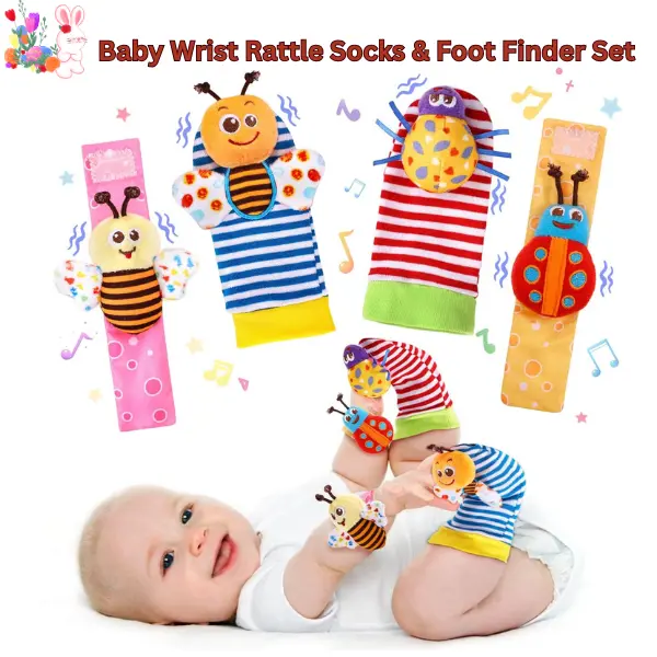 Baby Wrist Rattle Socks & Foot Finder Set, Sensory Baby Toys for 0–12 Months, Infant Hand & Foot Rattle Toys for Newborn Boys & Girls, Baby Shower Gift  , Unisex