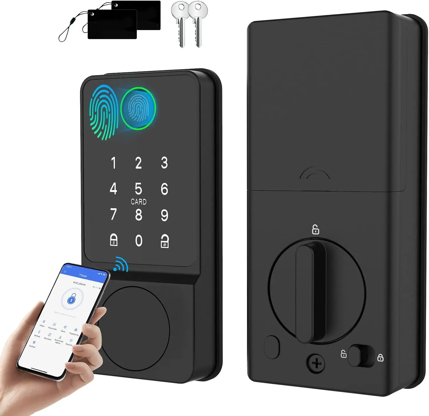 Door Lock with Touchscreen APP IC Card Key Type-C Charging Unlocking 6 In 1 Electric Biometric Deadbolt for Front Doors Home Apartment Auto-Locking