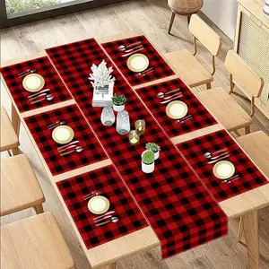 7-Piece Holiday Plaid Linen Table Runner Set, High-Quality Reinforced Stitching, Perfect for Christmas Parties & Dinners