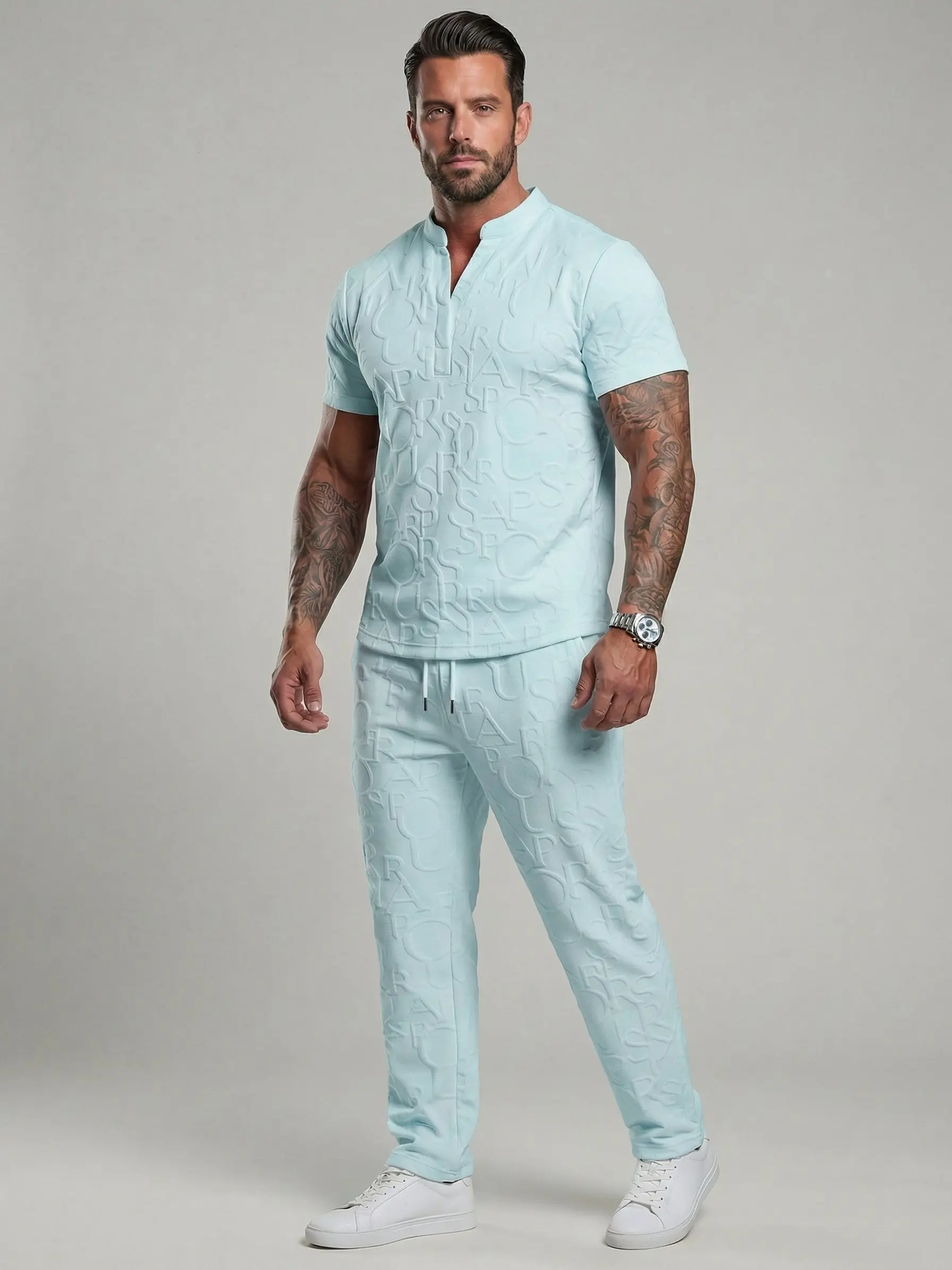 KZZ Men's 2-Piece Menswear Matching Set - Short-Sleeve Textured
