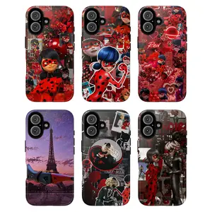 Ladybug & Cat Noir Phone Case, Miraculous Cartoon Collage Red Black Paris Eiffel Tower Characters Ladybug Cat Noir Hearts Love Yo-Yo Weapon Anime Style Playful Artistic Retro Aesthetic for iPhone 17 17 Pro Max 17 Pro 17 16 15 14 13 12 11