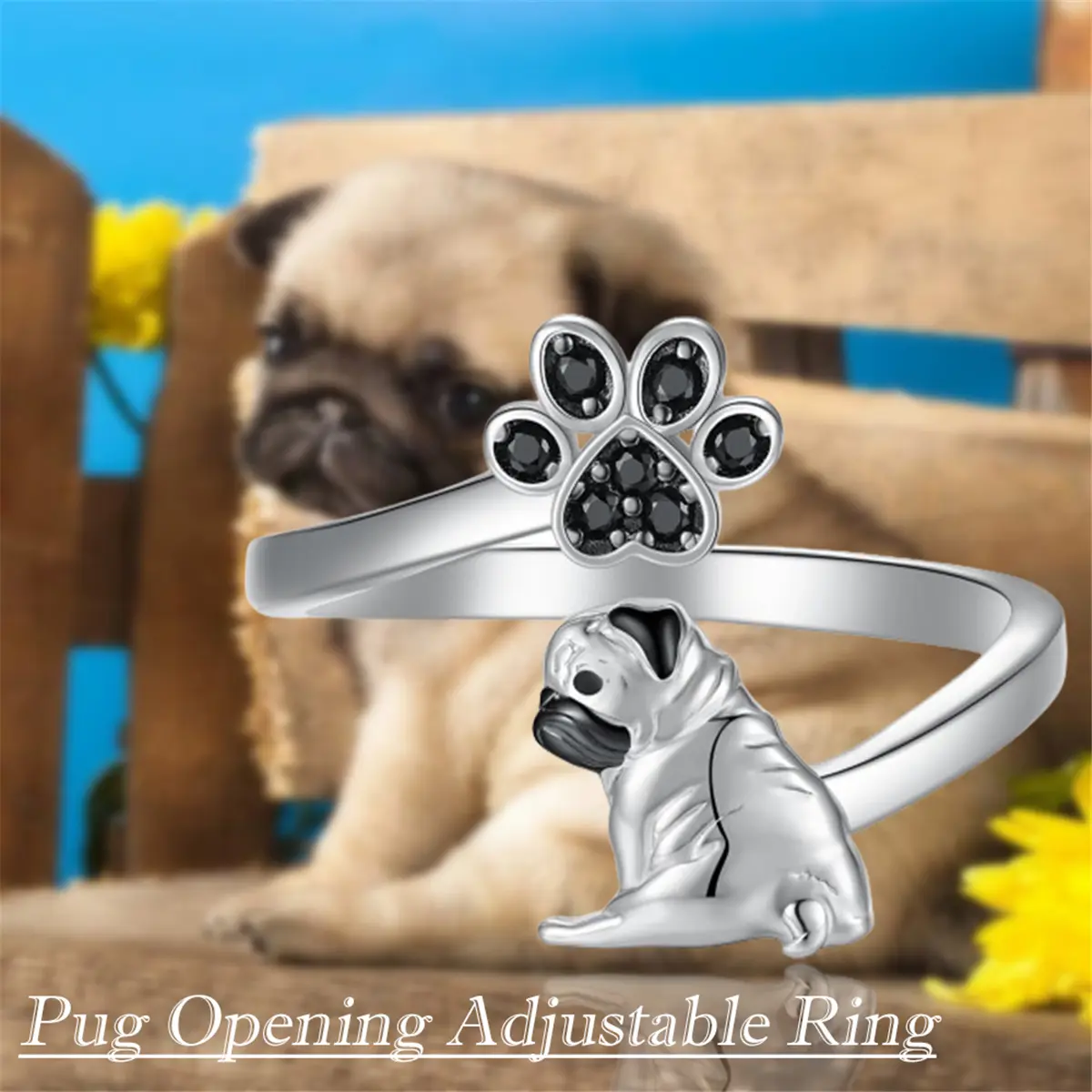 1Pc Creative Cute Shining Black Rhinestone Dog Paw Pug Open Adjustable Ring for Women Exquisite Pet Dog Jewelry Accessories Unique Dog Lovers Birthday Holiday Gift