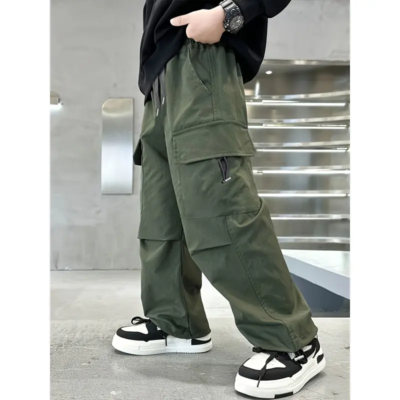 Boys' Cotton Plain Cargo Pants - Elastic Waist, Flap Pockets, Loose Casual Baggy Fit, Ideal for Outdoor Play