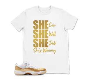 AJ11 White and Metallic Gold Matching T Shirt, SHEEE Graphic Shirt, 90s Hip Hop Tee, Gift For Women and Man, Unisex T-Shirt, Sneaker Head Gift