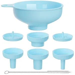 Wide Mouth Versatile Funnel, Canning Funnels for Kitchen Use,  Grade Plastic Cooking Funnel Set with 4 Size Spouts and 2 Strainers for Filling Different Bottles and Bags, Blue