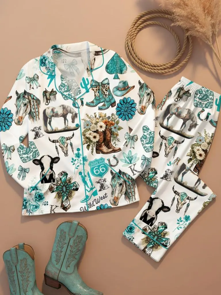 Western Cowgirl Pajama Set Turquoise Horses Boots & Cactus Latin Pajamas Short Sleeve Above The Knee Summer Satin Loungewear Premium Satin Fabric Nightwear