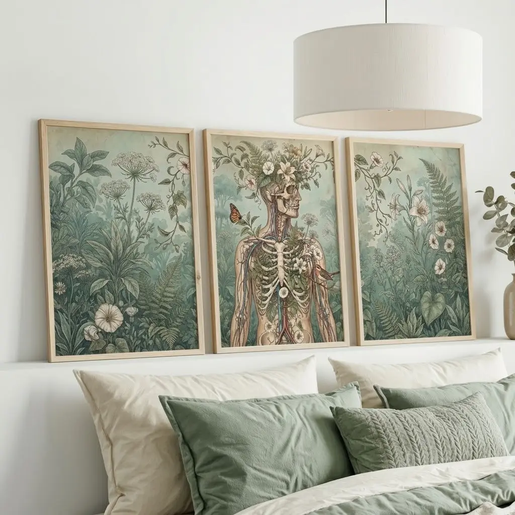 Botanical Anatomy Print Set - Vintage Floral Skeleton Posters, Sage Green No-Frame Home Decor Wall Art