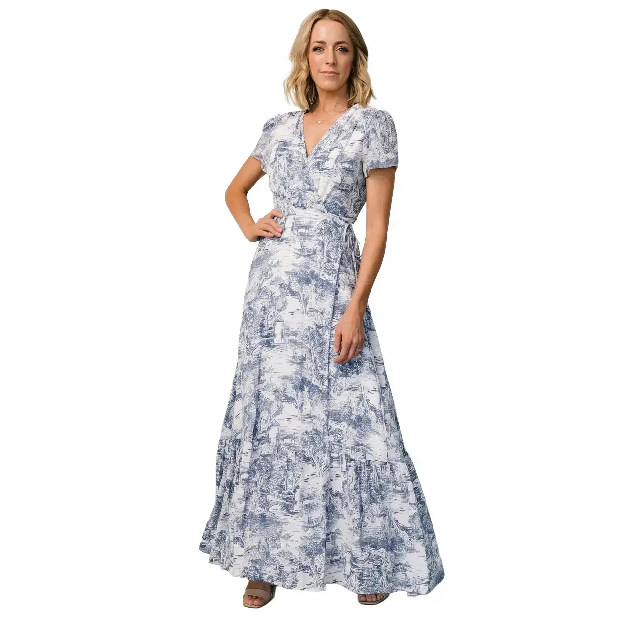 Women's Short-Sleeve Dulce Wrap Tie Maxi Nursing Dress - White + Blue Print, Casual, Party Wear, Engagement/Anniversary Style