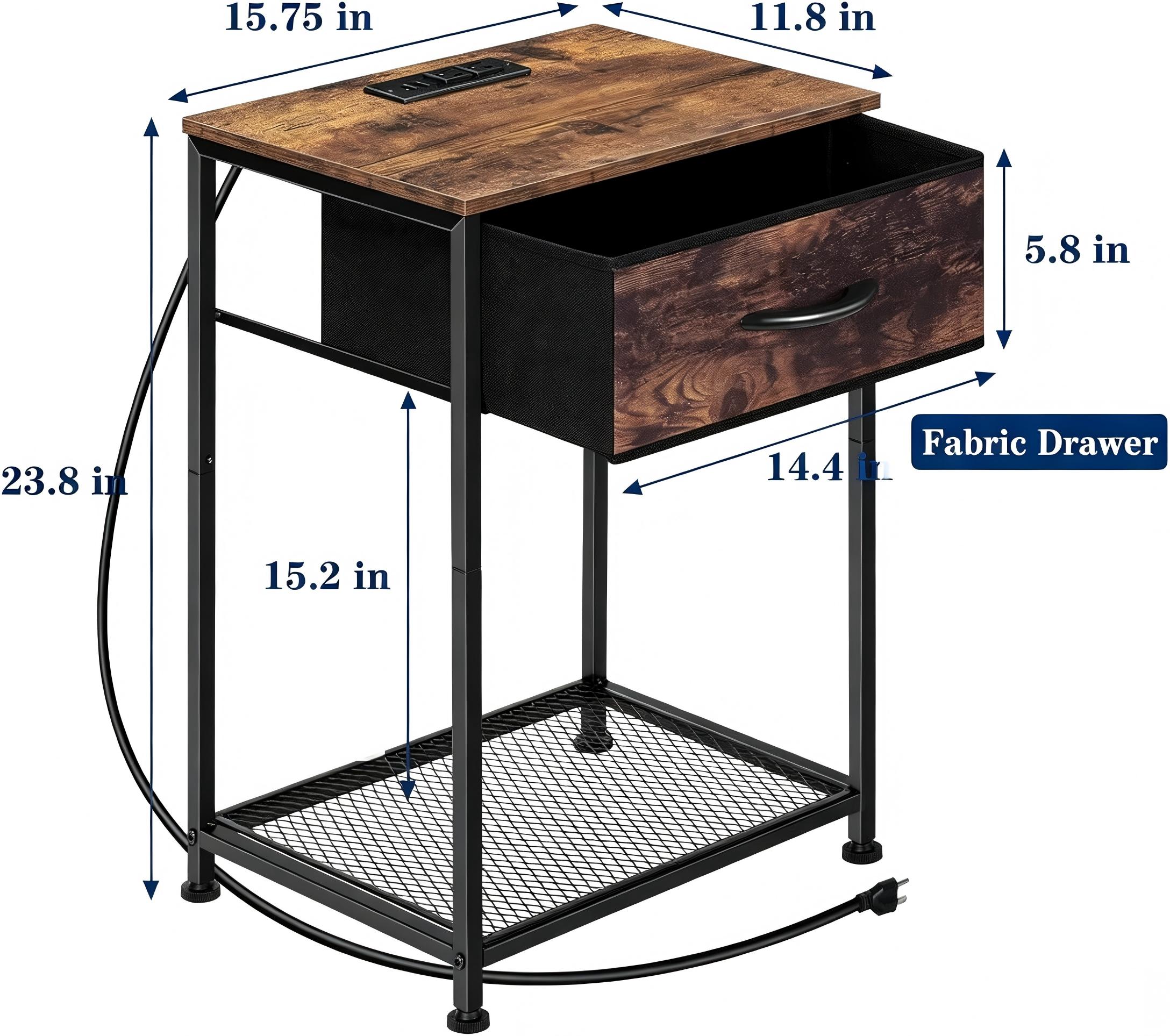 2-Piece Farmhouse Industrial Rustic Brown Bedroom End Tables with Charging Station, Fabric Drawers, 3-Tier Storage Table - Stable on Space-Saving Home Organizer for Bedroom, Apartment Decor