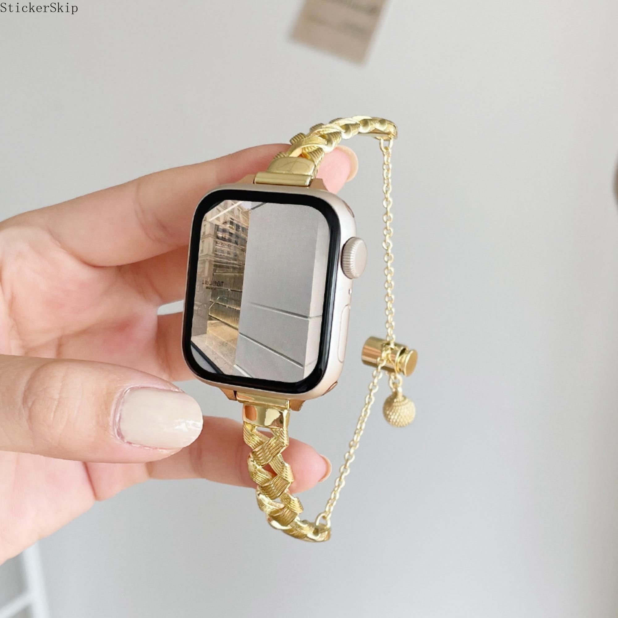 2026 Apple Watch Band, Braided Leather Chain Strap with Safety Chain, Gothic Punk Style iWatch Wristband for Series 10 9 8 7 6 5 4 SE Ultra, Adjustable Luxury Replacement Strap for Daily Wear & Night Out