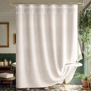 AmazerBath Beige Shower Curtains for Bathroom, Boho Shower Curtain Beige with Top Tassels, Farmhouse Shower Curtain Tan with Hooks, Neutral Shower Curtain Faux Linen, Water Repellent, 72x72 Inches