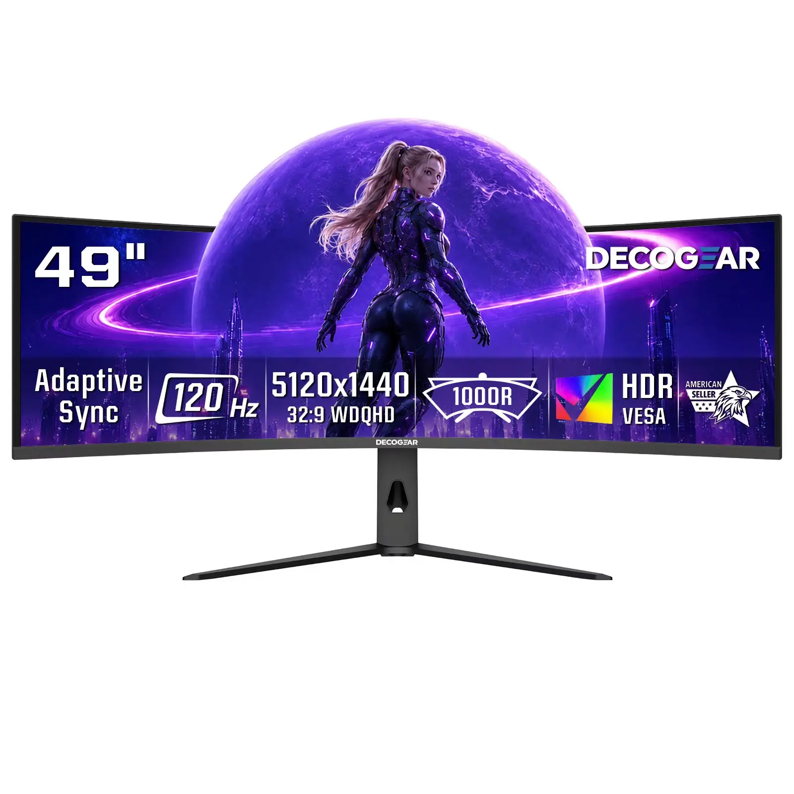 Deco Gear 49" Curved Ultrawide Monitor, 5120×1440 Dual QHD, 120Hz, 3ms, 32:9, R1000, HDR, Adaptive Sync, USB-C, HDMI 2.1, DisplayPort 1.4, PIP/PBP, Ergonomic Stand 163