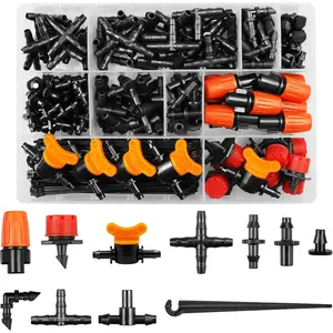 Drip Irrigation Fittings Kit for 1/4" Tubing, 220 count Drip Line Connectors for Drip Systems - Valves, Nozzles,  Drips, Single barbs, 4 Way Cross, Tees, Couplings, End Plugs, Elbows, Hose Stakes
