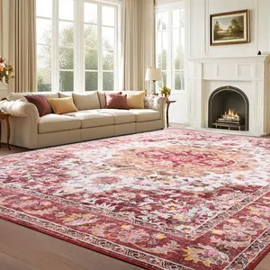 Faux Cashmere Floral Print Area Rug,Machine Washable,Soft Low Pile Non Slip Vintage Floral Carpet for Living Room,Bedroom, Dining Room, Bedside, Farmhouse, Office, Dorm,Red,Blue,Brown,4x6,5x7,6x9 Feet