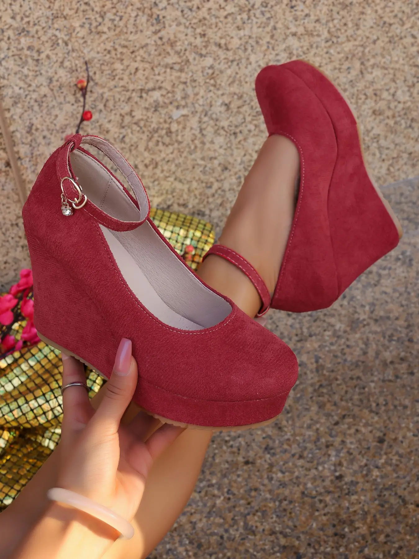 Unique Design Multi-Color Faux Suede Women Wedge Shoes, Fashion High Heels Thick Sole Waterproof Platform, Rhinestone Buckle, Comfortable Elegant Heeled Shoes Versatile Party Evening Shoes