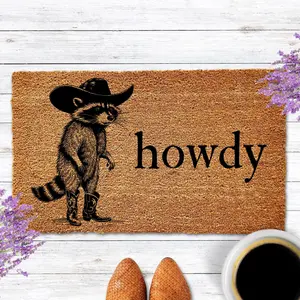 Howdy Racoon Cowboy Funny Doormat Western Decor Funny Coir Door Mat Welcome Mat Funny Housewarming gift Wedding Gift New Home Gift for Home