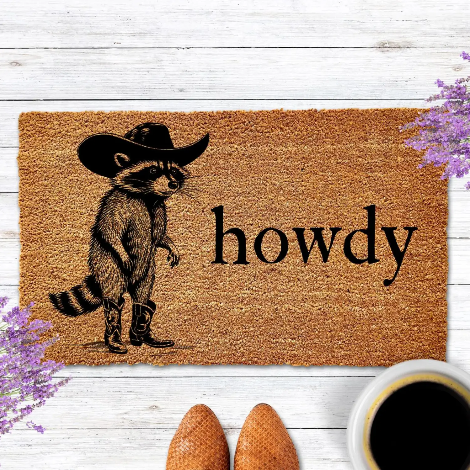 Howdy Racoon Cowboy Funny Doormat Western Decor Funny Coir Door Mat Welcome Mat Funny Housewarming gift Wedding Gift New Home Gift for Home