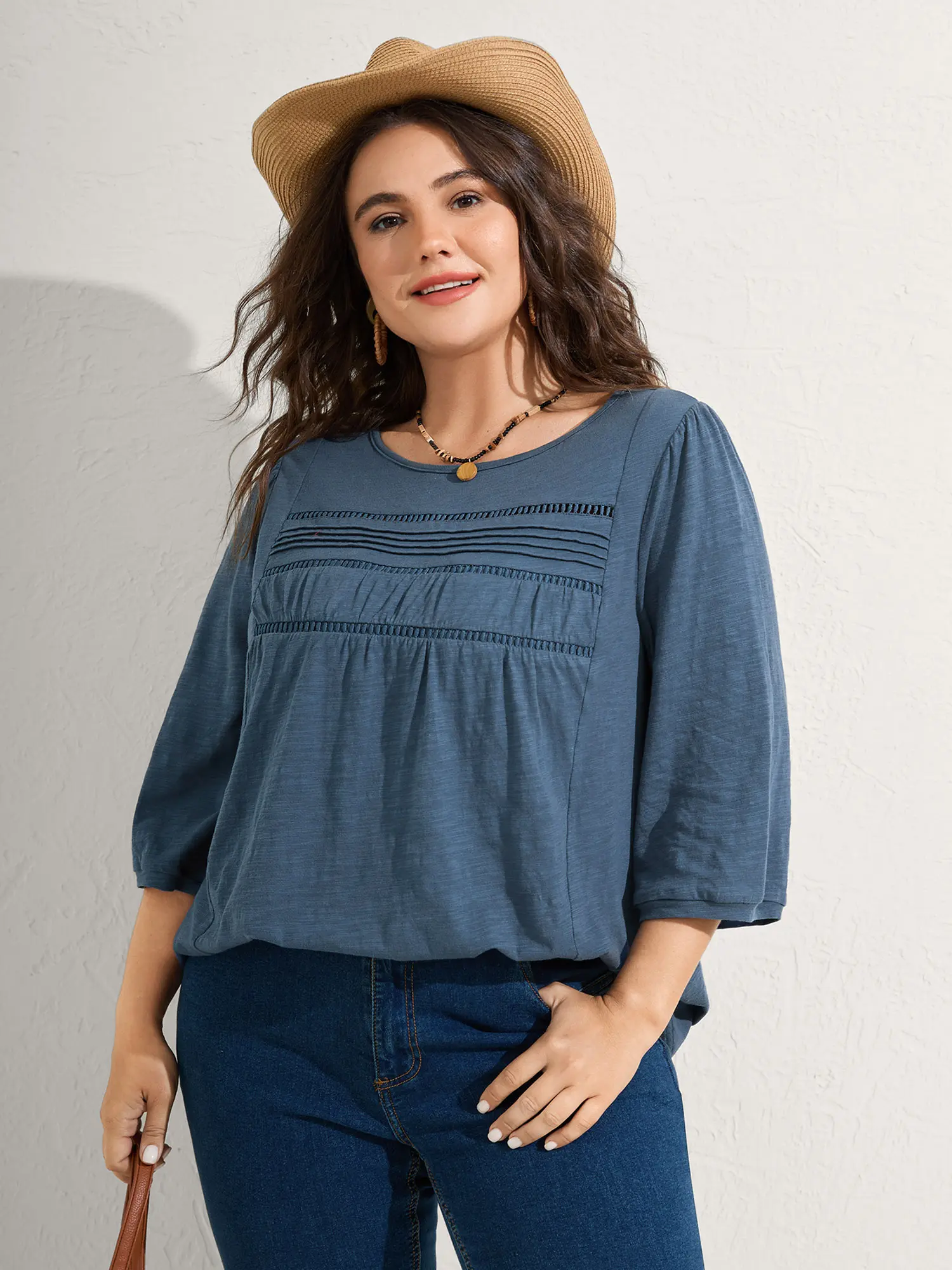 BloomChic Women's Solid Color Comfy Top with Elbow-Length Lantern Sleeves and Lace Splicing, Regular Fit with High Stretch, Machine Wash, Casual Comfy Top