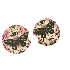 Mystic Moth Car Coasters - Set of 2 with Eye and Butterfly Design on Pink Background