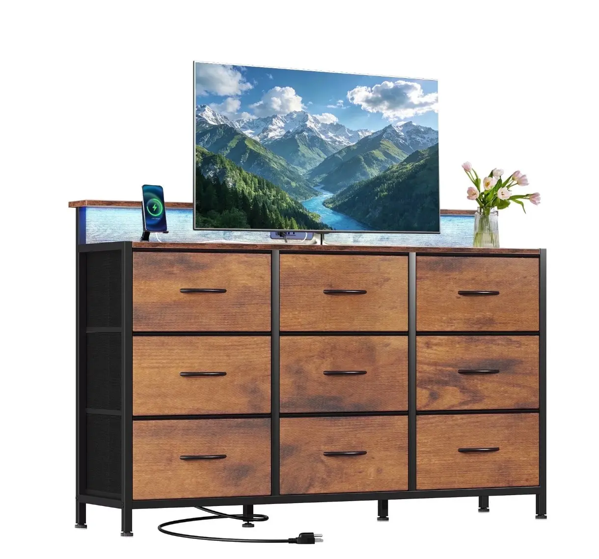 9-Drawer Fabric Dresser TV Stand, Multifunctional Storage Cabinet with Power Outlets & LED Light, Rust