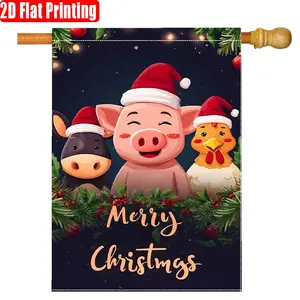 1pc, Welcome Fun Farm Animals Merry Christmas with chicken, pig, and cow designs Decorative flag double-sided garden flag, yard decoration, outdoor decoration, lawn, flag only, 2D flat printing