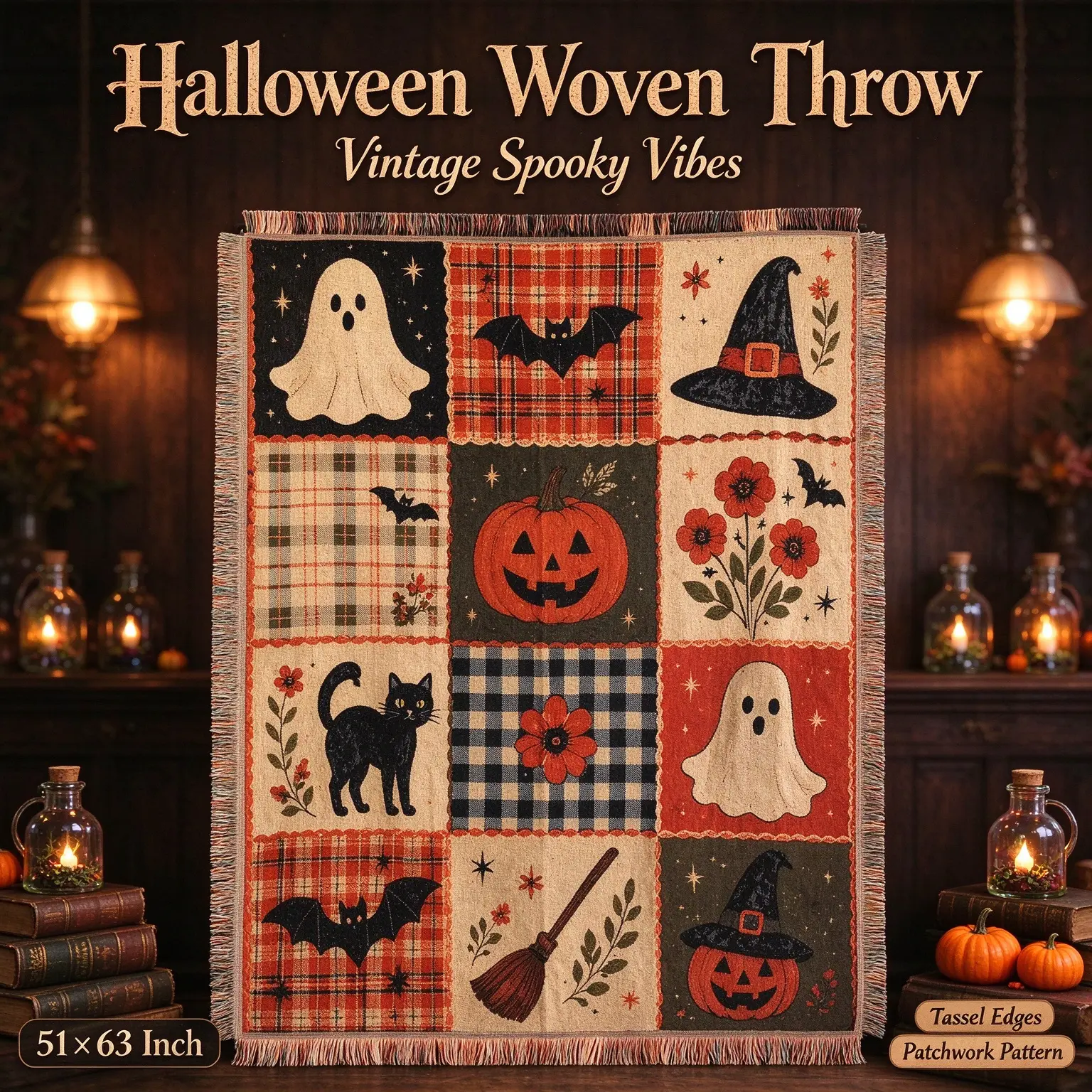 Halloween Patchwork Look Woven Blanket with Tassels Edge - Multi Purpose Decorative Piece, Blankets for Sofa, Home Bedding & Outdoor Picnic Camping Accessory