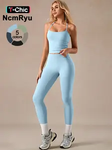 2 counts women's sports vest pants neck hanging cross suspender detachable chest cushion high elasticity abdominal tightening hip lifting quick drying yoga suit gym training running cycling golf indoor and outdoor women's Sports Activewear Set