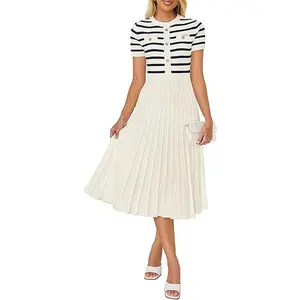 ZESICA Women's 2025 Casual Striped Midi Dress Crewneck Short Sleeve Button Ribbed Knit Swing Pleated A Line Dresses