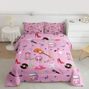 Pink Music Themed Comforter Set,Guitar Disco Ball Bedding Set,Modern Pop Music Theme Down Comforter,Girly Western Boot Hat Insert Kids Duvet