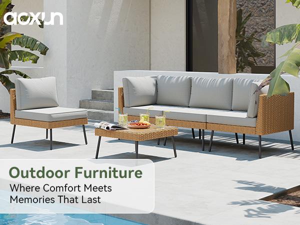 【Ships in 2 Packages】Aoxun Patio Furniture Set, 5 Piece Outdoor Sectional Sofas with Thick Cushion, Wicker Outdoor Patio Furniture Set with Coffee Table for Party, Garden, Backyard,