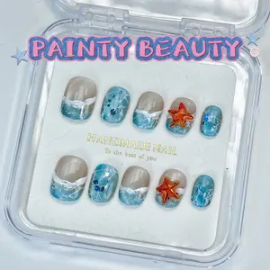 【A05】Square shape Summer Waves 3d stereoscopic starfish handmade press on nails