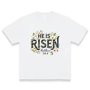 He Is Risen Matthew 28:6 Floral Cross Graphic Cotton Tshirt For Christian Women
