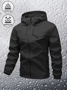 Men's Plain Waterproof Windproof Drawstring Zip Up Hooded Jacket, Casual Long Sleeve Zipper Pocket Design Outerwear for Outdoor Activities Men's Clothes for All Seasons, Menswear m  65  jacket Stripe Print Baseball Bomber Jacket Coats Stylish
