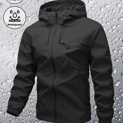 Men's Fitted Zip-Up Hooded Baseball Bomber Jacket - Male Clothing, Plain/Stripe Print, Waterproof, Windproof, Drawstring Long Sleeves, Zipper Pocket Casual Outerwear for Outdoor Activities
