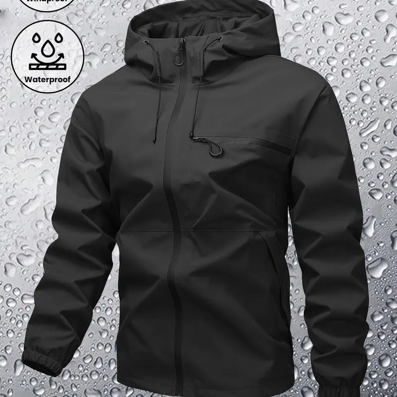 Men's Fitted Zip-Up Hooded Baseball Bomber Jacket - Male Clothing, Plain/Stripe Print, Waterproof, Windproof, Drawstring Long Sleeves, Zipper Pocket Casual Outerwear for Outdoor Activities,sohochic