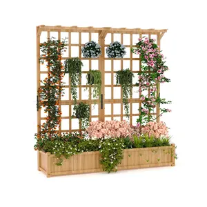 Garvee Two-Tier Wooden Planter Box with Trellis, Elevated Raised Garden Bed for Flowers and Vegetables, 1.4 Ft Deep Pot with Roof & Drainage