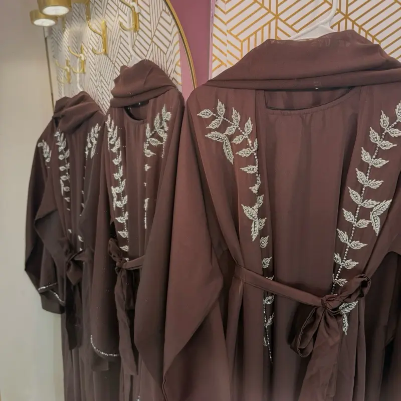 Chocolate Brown Embroidery Abaya 3 pcs set with Elegant Leaf Design and Soft Material Sizes 52,54,56