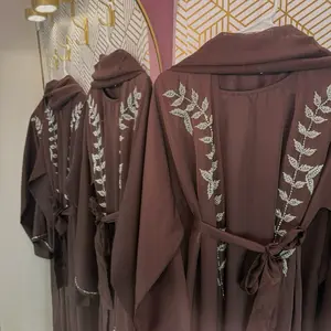 Chocolate Brown Embroidery Abaya 3 pcs set with Elegant Leaf Design and Soft Material Sizes 52,54,56