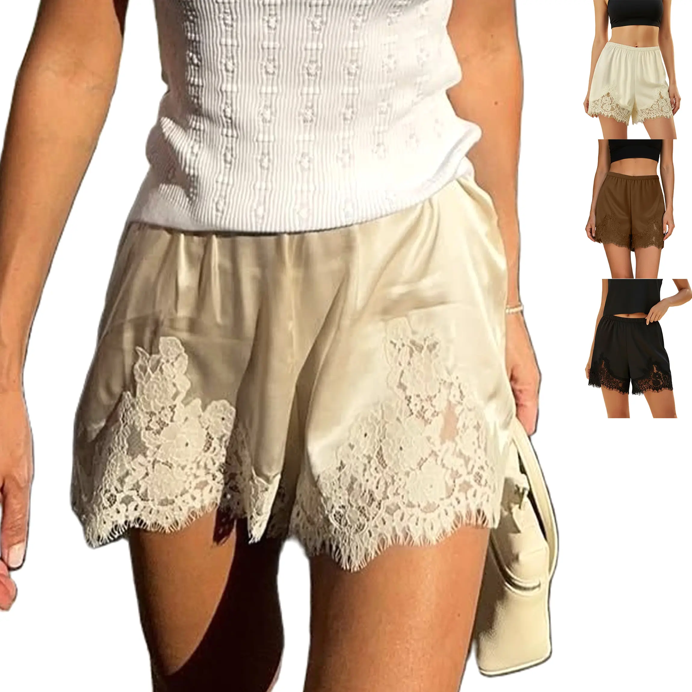 Buenoble Silky Lace Trim Shorts for Women Elegant Satin Lounge Shorts Fall Winter Chic OOTD Buenoble Silky Lace Trim Shorts for Women Elegant Satin Lounge Shorts Fall Winter Chic OOTD