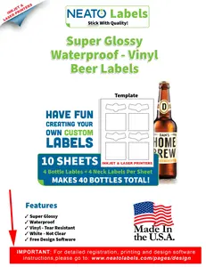 Blank Beer Labels - WHITE, GLOSSY - WATERPROOF - FOR INKJET AND LASER PRINTERS - 100 SHEETS