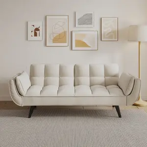 74" Beige Sofa with Soft Cushions & Two Throw Pillows, Comfortable Couch for Apartments, Bedrooms & Small Spaces
