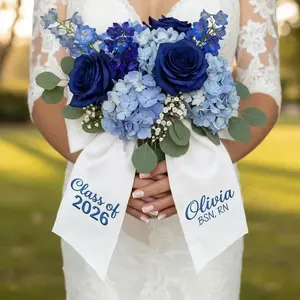 Personalized Embroidered Bouquet Sash, White Satin Ribbon, Nursing Graduation