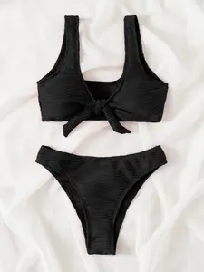 Two-Piece Set Women's Plain Knot Front Bikini Set, V Neck Wireless Swim Top & High Cut Swim Bottom, Ladies Swimwear for Summer Beach Holiday Vacation