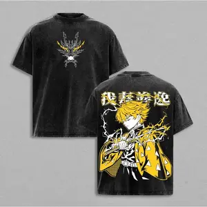 Zenitsu Agatsuma Demon Slayer Graphic Tee Vintage Washed Anime T Shirt Retro Distressed Short Sleeve Casual Streetwear Japanese Manga Shirt Summer Fashion Top Relaxed Fit Crew Neck Tee for Men Women Anime Fans Gift