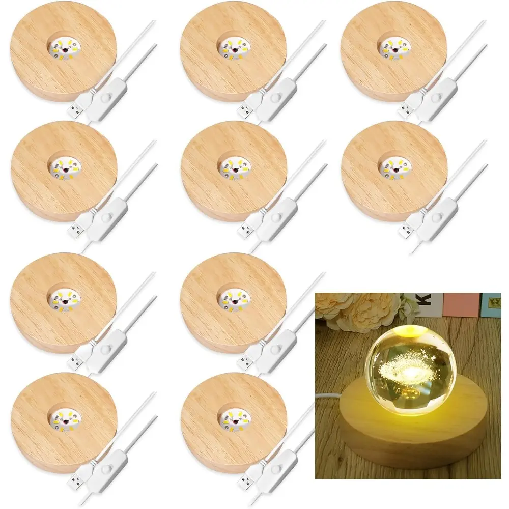 10 Pcs Wooden LED Display Bases Round Wood Display Lighted Bases for Glass Art LED Lighted Display Stand Bases for 3D Crystal Ball Room Office Home Decor Lighting