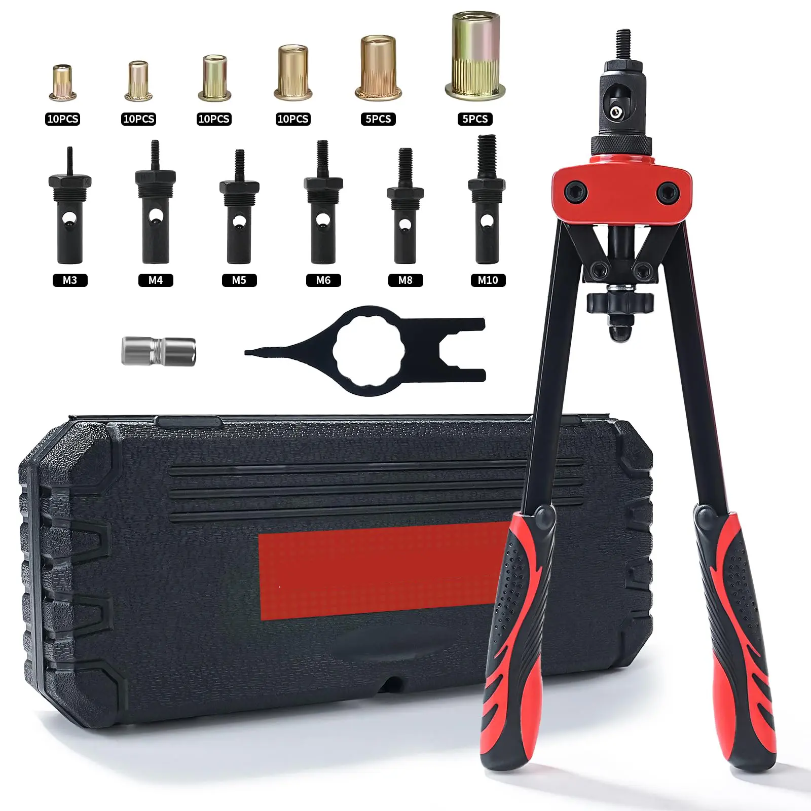 14" Rivet Nut Tool Kit, Professional Rivnut Tool Gun with 6 Metric Mandrels, 125pcs Rivnuts, Heavy-Duty Hand Riveter Set for Automotive & Sheet Metal, with Rugged Storage Case