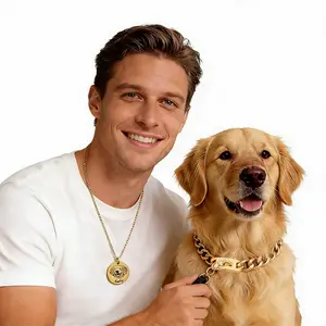 1 Set 19mm Gold Stainless Steel Dog Chain And Laser Engraved Pet Portrait Necklace W/Name & 24K Gold Coin Jewelry For Dog/Cat