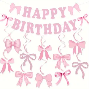 Bow Birthday Banner, Bow Party Hanging Swirls Decorations Set, Girls Coquette Birthday Decor, Bridal Shower Party Supplies, Party Decorations Banners