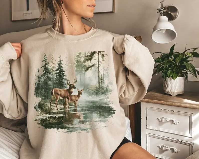 Vintage Deer Woodland Scene Sweatshirt, 90s Nature Wildlife Crewneck